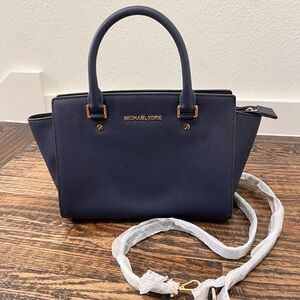 Michael Kors Selma Medium Satchel Navy  Leather Crossbody Bag